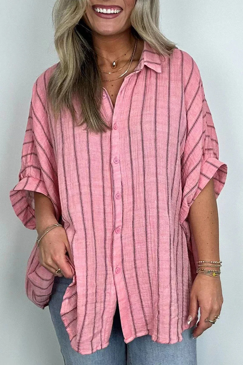 Casual Daily Stripe Buttons Turndown Collar Blouses(8 Colors) - Kaedas