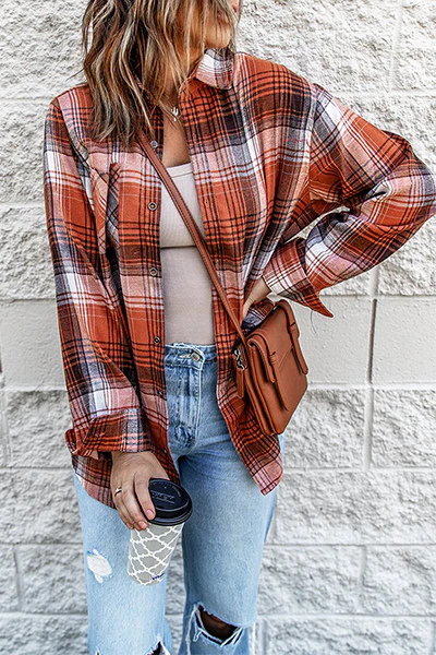 Casual Plaid Patchwork Buckle Turndown Collar Blouses - Kaedas