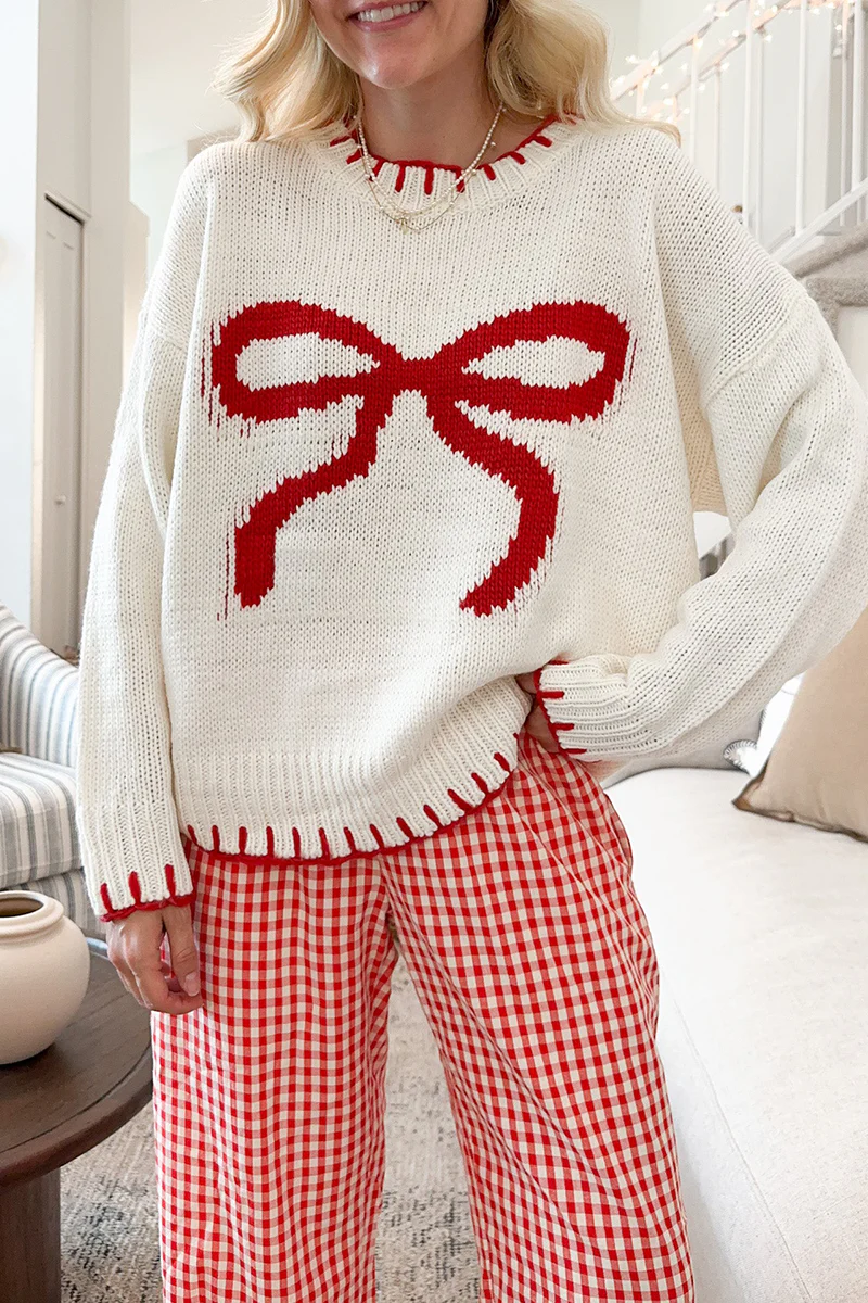 Casual Bow Weave Contrast O Neck Sweaters - Kaedas