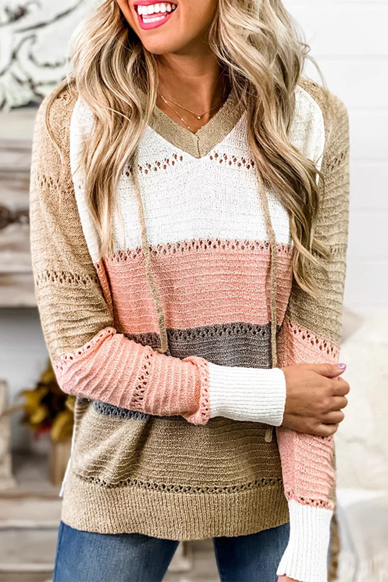 Casual Daily Stripe Weave Contrast Hooded Sweaters - Kaedas