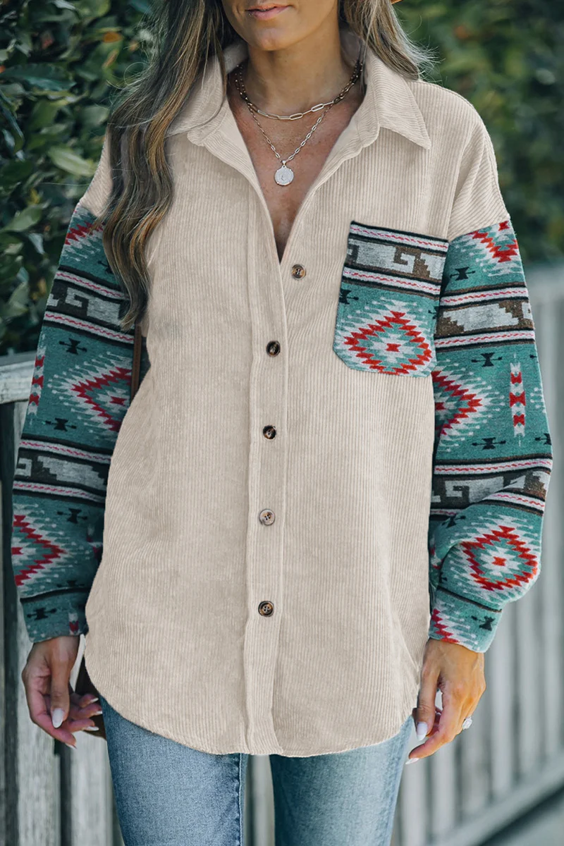 Casual Geometric Print Pocket Patchwork Contrast Turndown Collar Blouses - Kaedas