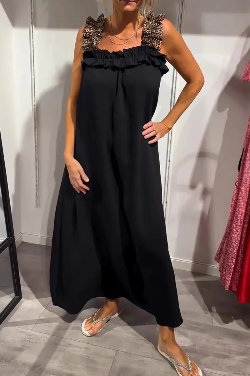 Casual Leopard Pocket Patchwork Flounce Square Neck Long Dresses(8 Colors) - Kaedas