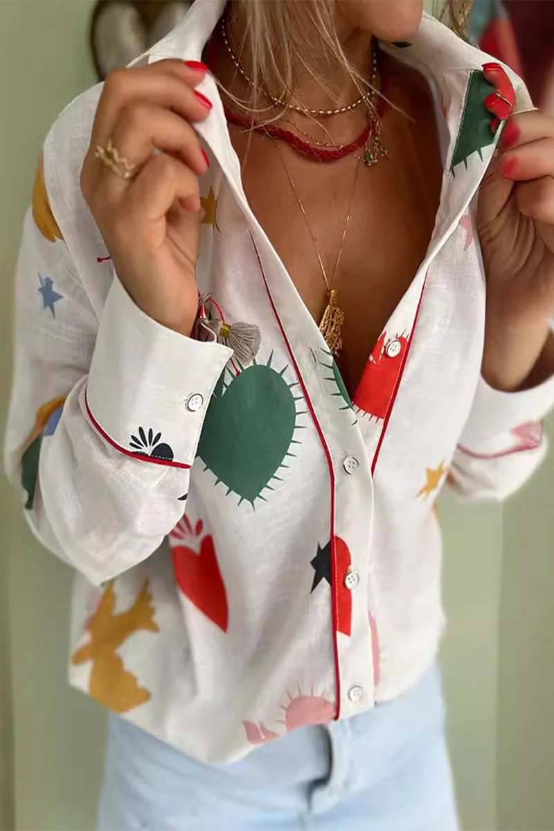 Casual Daily Graffiti Print Buttons Turndown Collar Blouses - Kaedas
