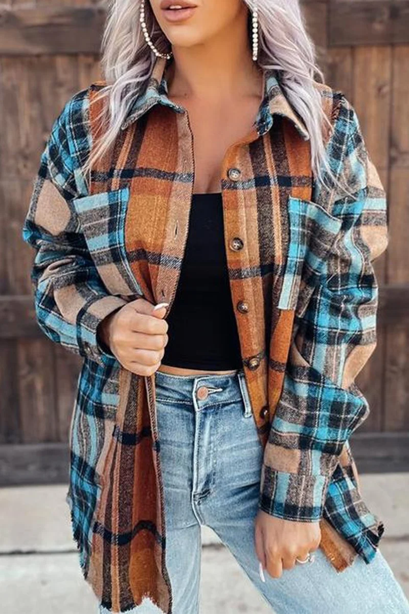 Casual Plaid Patchwork Turndown Collar Blouses - Kaedas