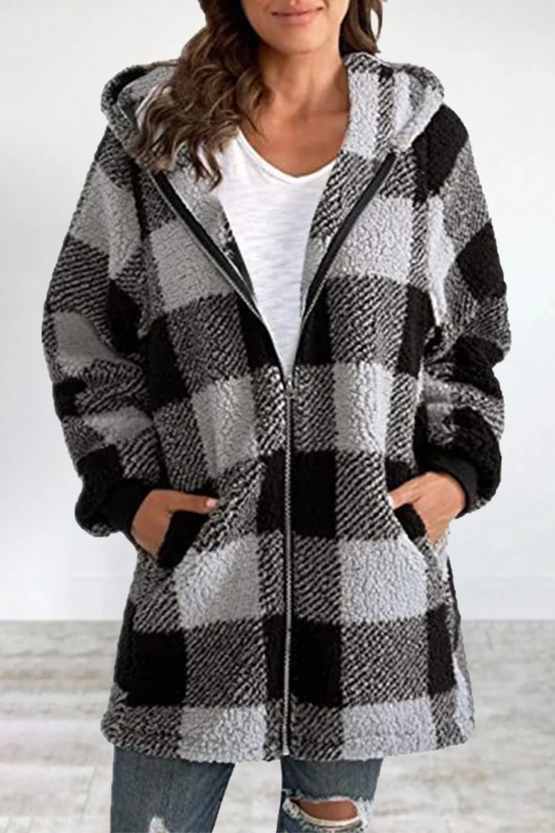 Casual Plaid Frenulum Contrast Zipper Hooded Collar Outerwear - Kaedas