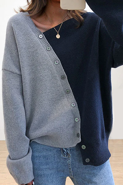 Casual Patchwork Buckle Contrast Oblique Collar Tops Sweater - Kaedas