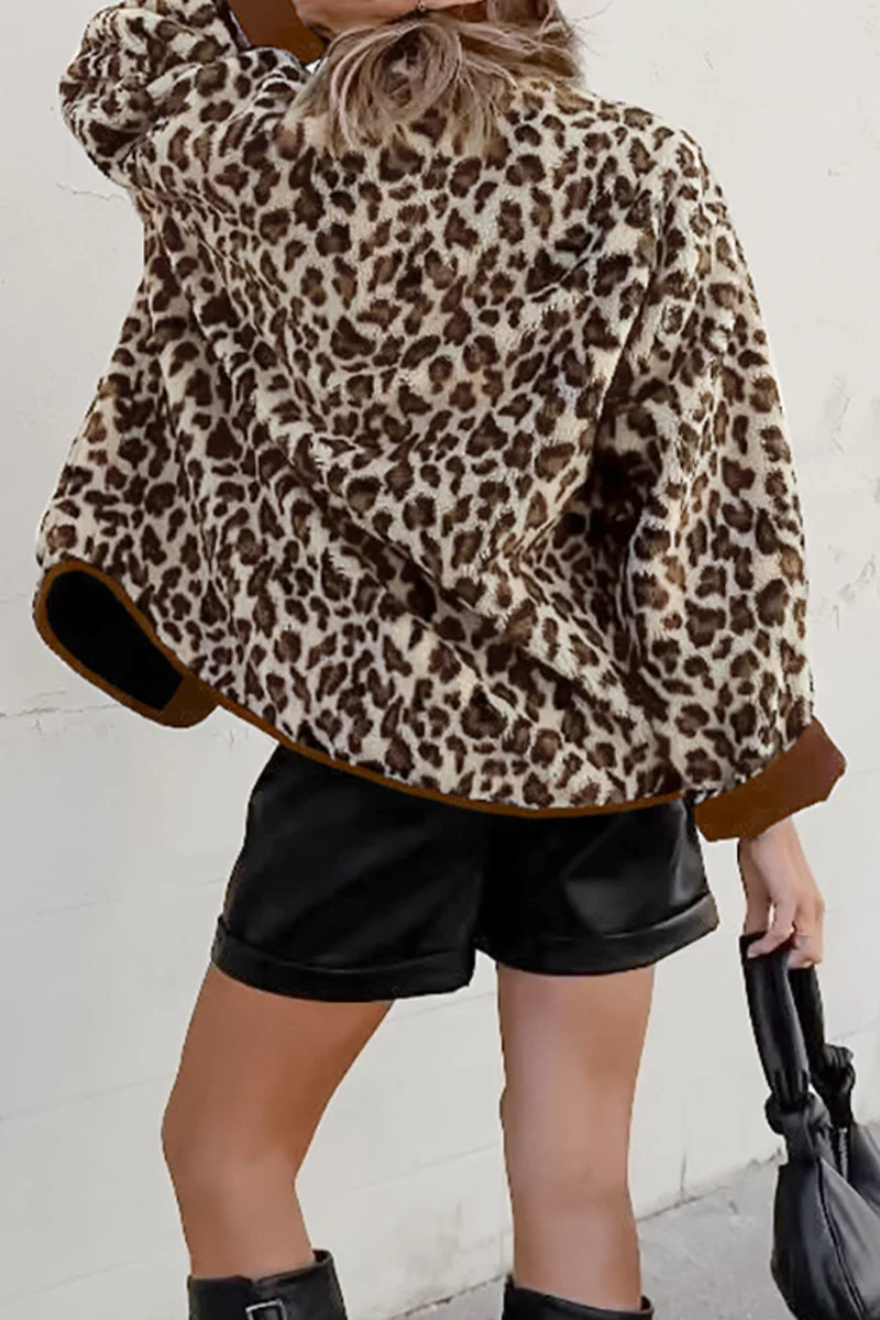 Casual Leopard Pocket Buttons Patchwork O Neck Outerwear - Kaedas