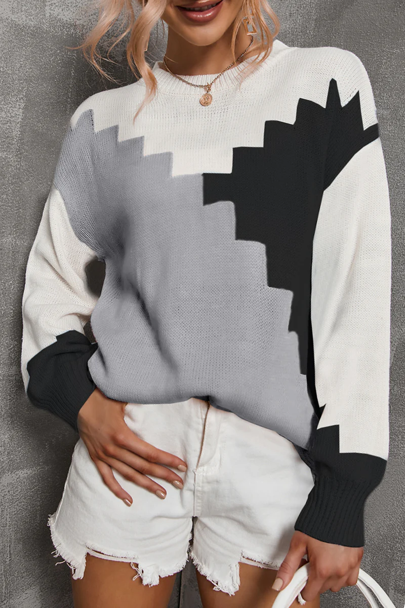 Casual Color Lump Contrast O Neck Tops Sweater - Kaedas