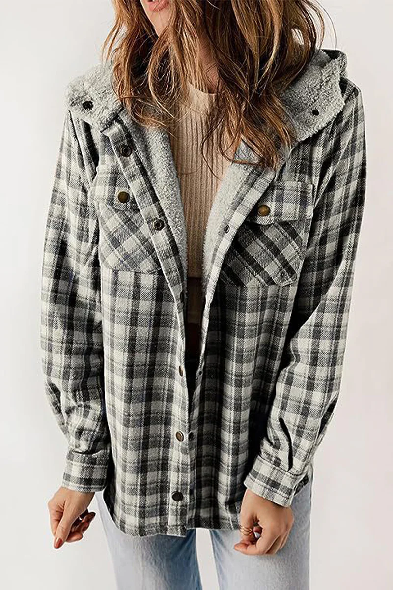 Casual Plaid Pocket Fluffy Contrast Hooded Outerwear(7 Colors) - Kaedas