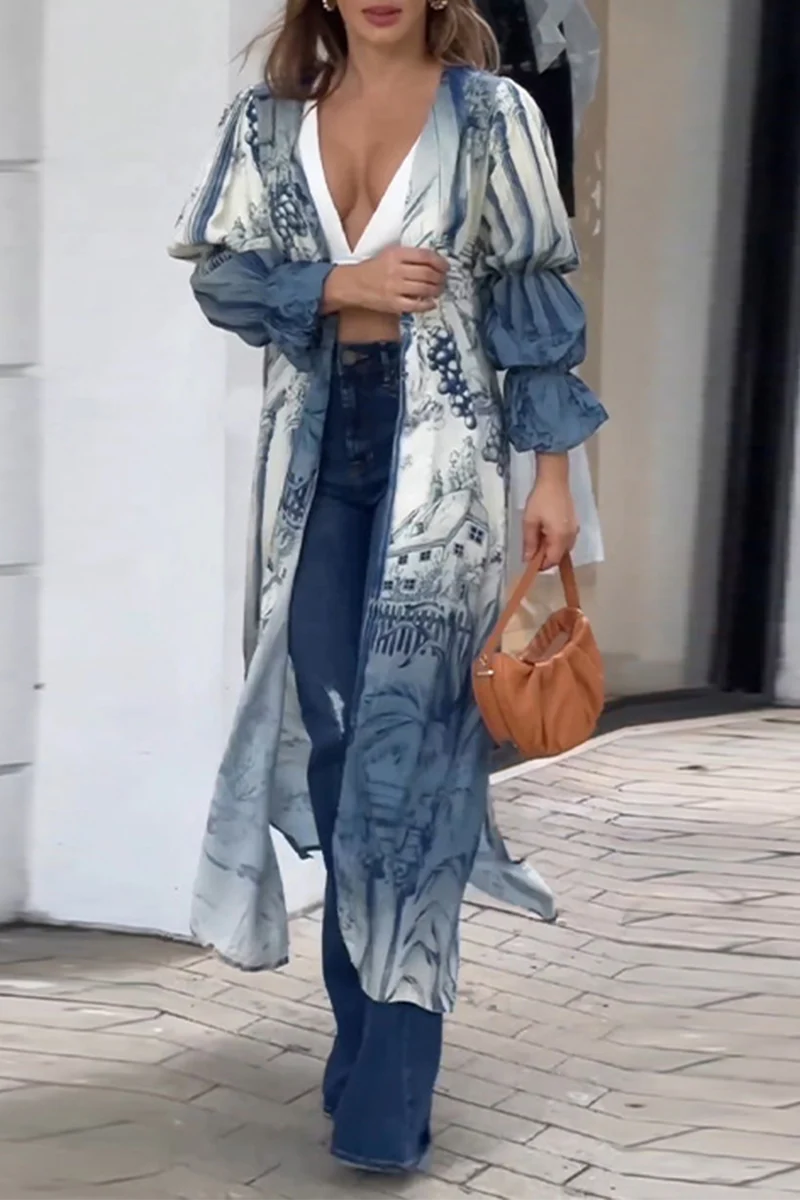 Casual Floral Slit Cardigan Collar Tops - Kaedas