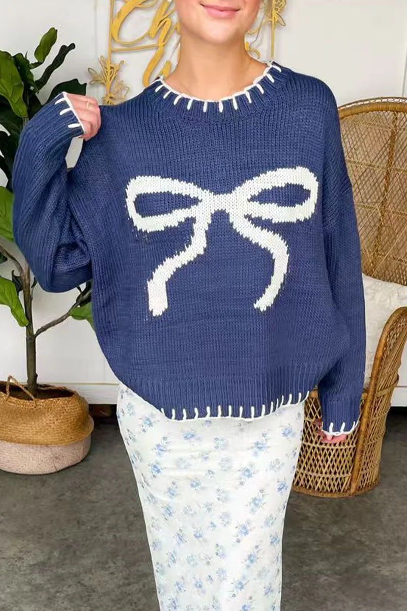 Casual Bow Weave Contrast O Neck Sweaters - Kaedas