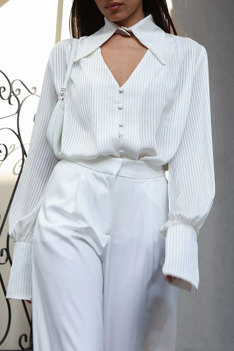 British Style Elegant Striped Buttons Turndown Collar Tops - Kaedas