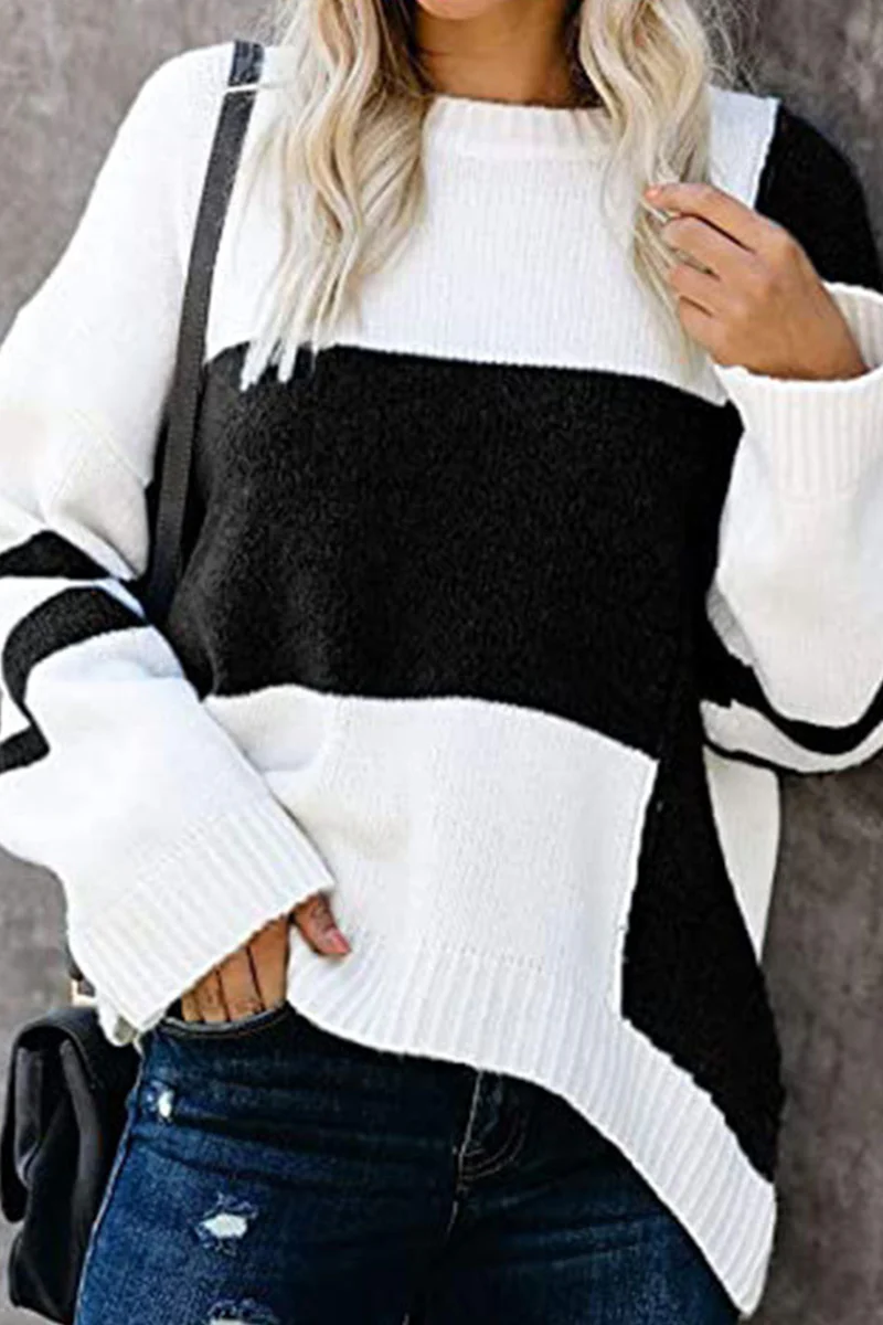 Casual Patchwork  Contrast O Neck Tops Sweater - Kaedas