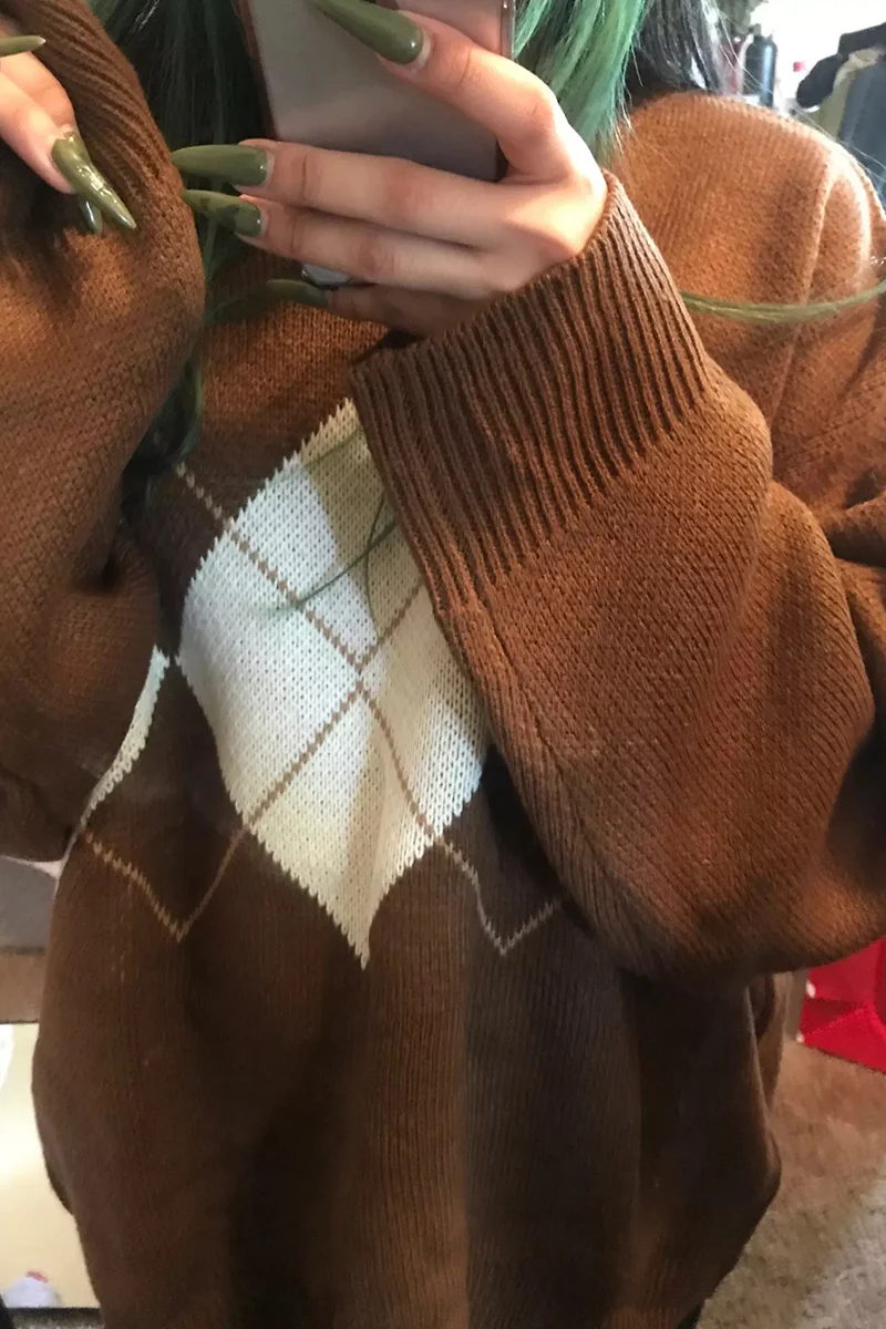 Casual Geometric Patchwork Contrast O Neck Tops Sweater(3 Colors) - Kaedas