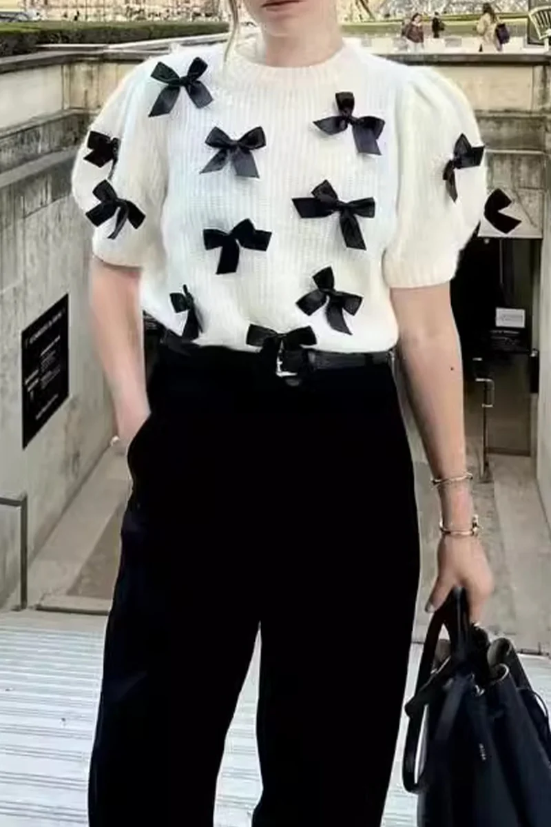 Casual Bow Patchwork Contrast O Neck Sweaters - Kaedas
