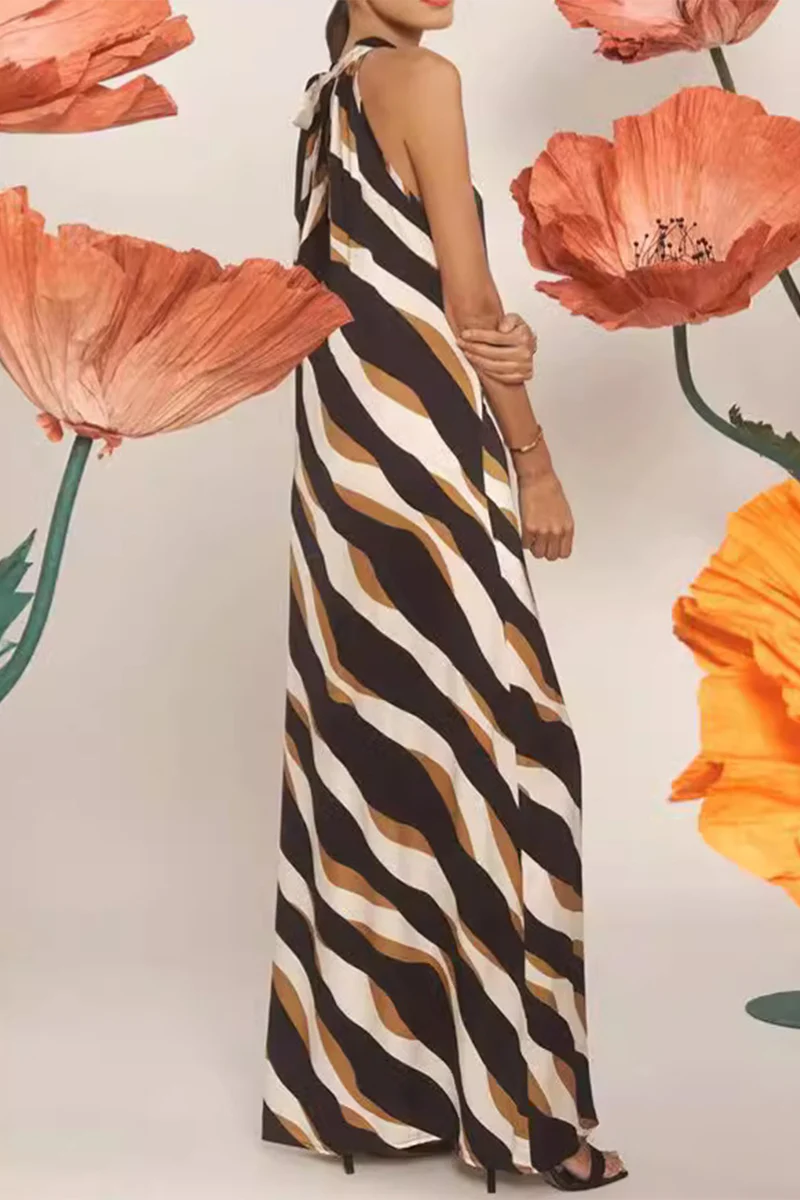 Casual Daily Striped Print Lace Up Contrast Halter One Step Skirt Dresses - Kaedas
