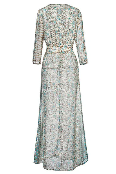 Bohemian Print Frenulum Buckle Slit V Neck Dresses - Kaedas