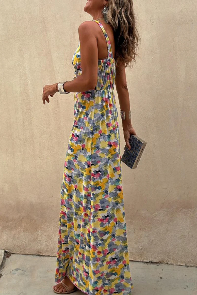 Casual Geometric Print Contrast V Neck One Step Skirt Dresses - Kaedas