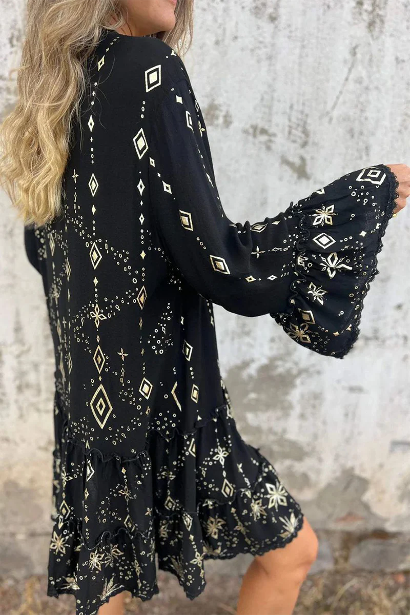 Casual Bronzing Pattern Patchwork Ruffle Contrast Button Collar A Line Dresses - Kaedas