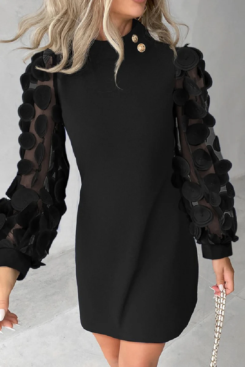 Casual Patchwork Hollowed Out Sequins Half A Turtleneck Long Sleeve Dresses - Kaedas
