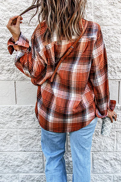 Casual Plaid Patchwork Buckle Turndown Collar Blouses - Kaedas