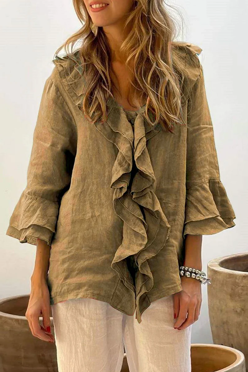 Casual Daily Solid Color Ruffle V Neck Blouses(7 Colors) - Kaedas