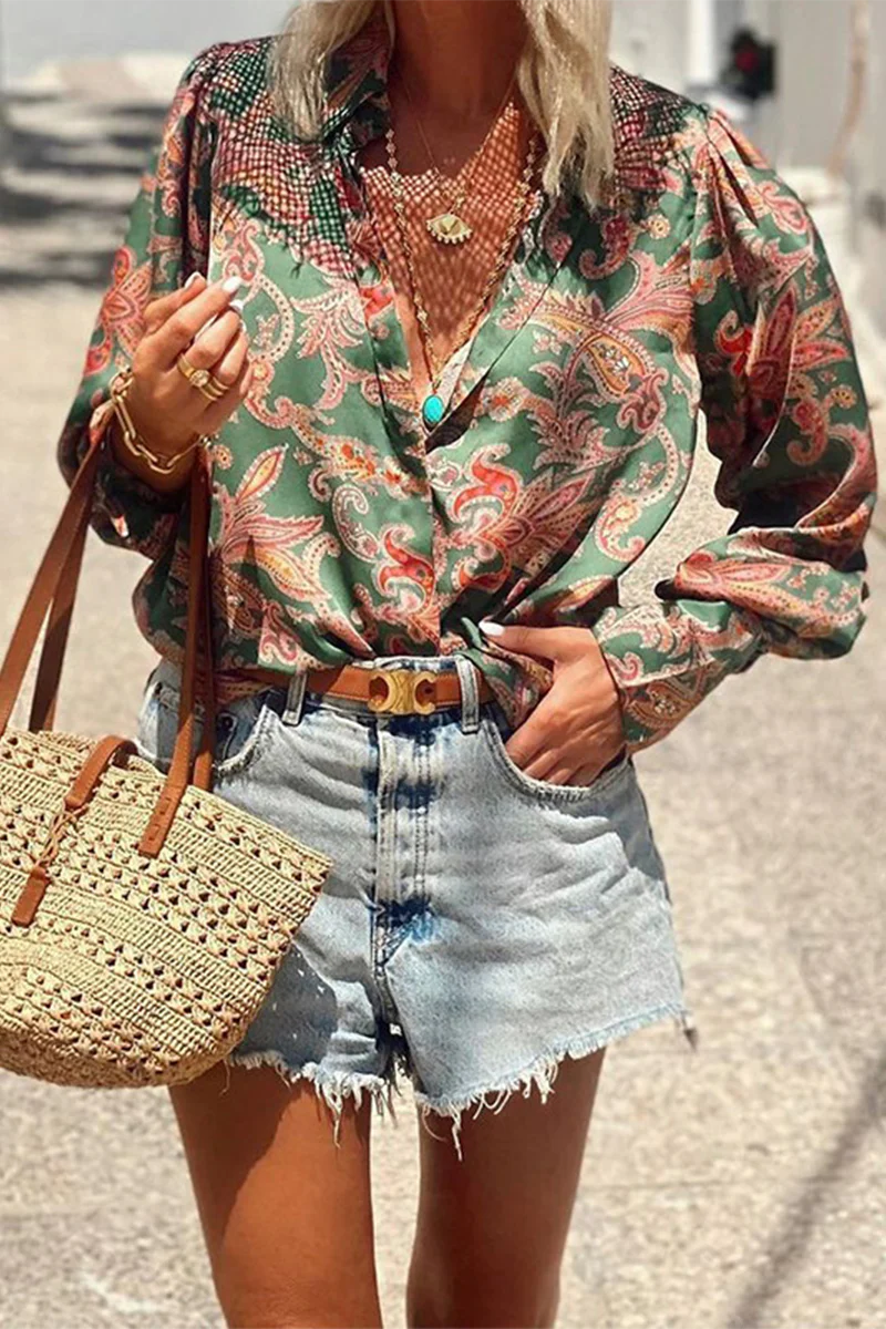 Casual Floral Print Contrast Turndown Collar Blouses - Kaedas