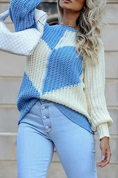 Casual Patchwork  Contrast O Neck Tops Sweater - Kaedas