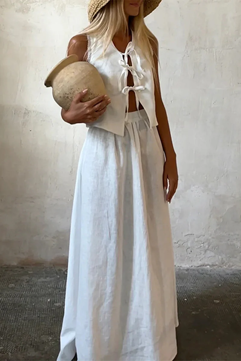 Casual Daily Solid Color Lace Up O Neck Sleeveless Two Pieces - Kaedas