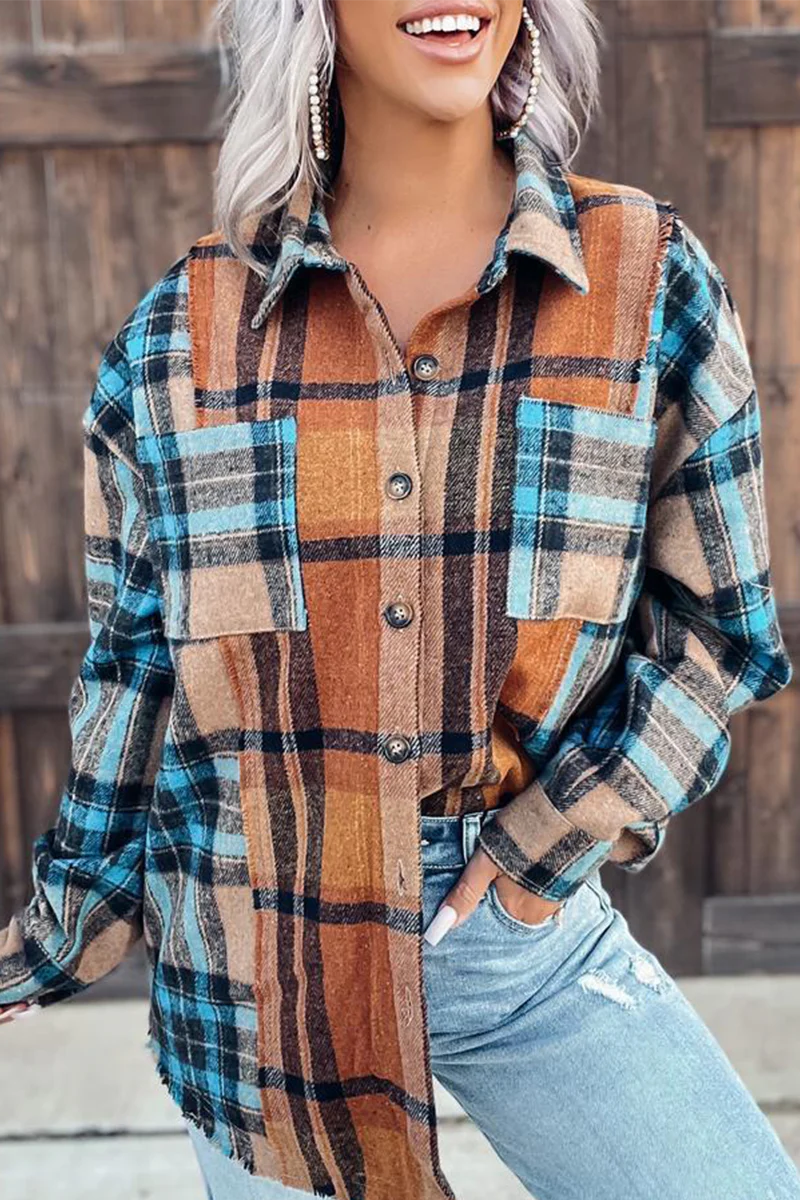 Casual Plaid Patchwork Turndown Collar Blouses - Kaedas