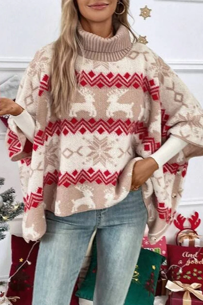 Casual Party Wapiti Snowflakes Weave Contrast Turtleneck Sweaters - Kaedas