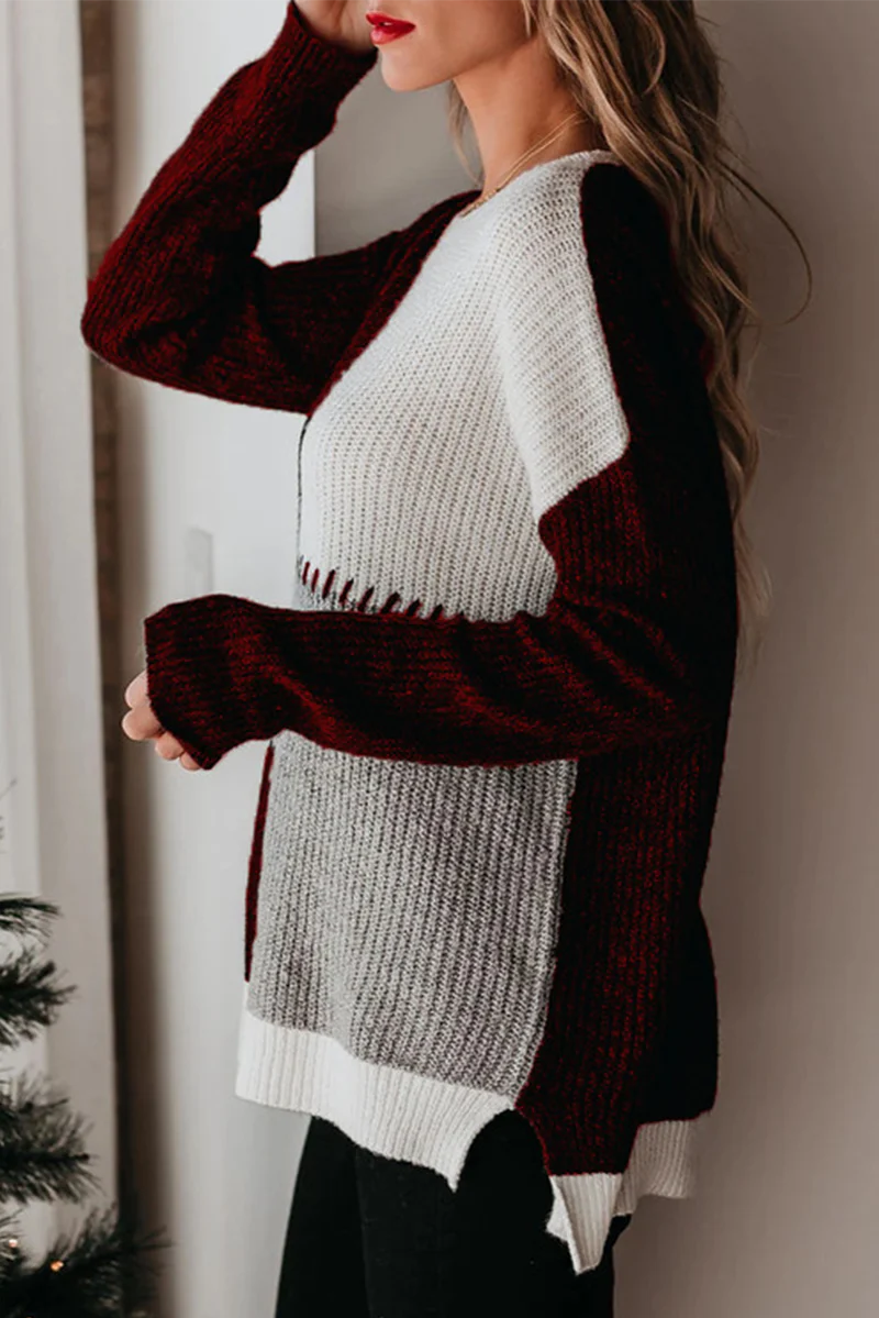 Casual Color Lump Split Joint O Neck Tops - Kaedas