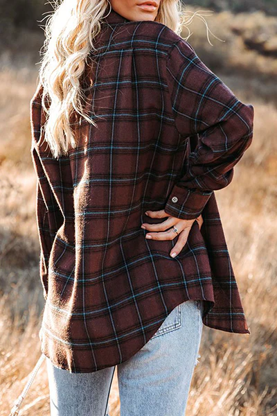 Casual Plaid Pocket Buckle Turndown Collar Tops - Kaedas
