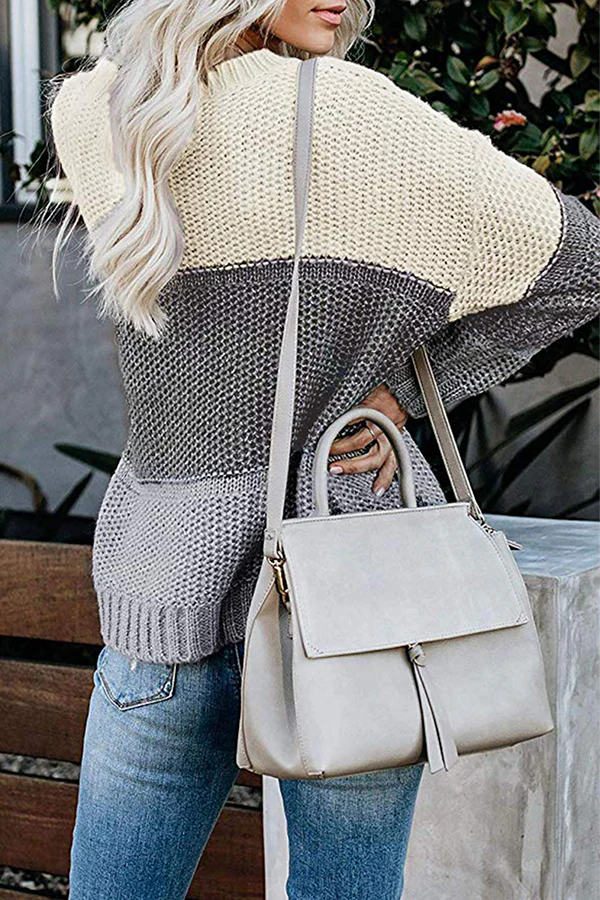 Casual Patchwork Basic  Contrast O Neck Tops Sweater - Kaedas