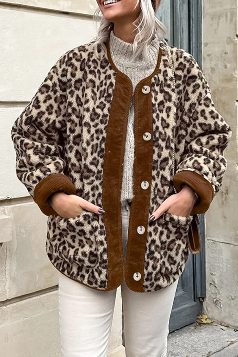 Casual Leopard Pocket Buttons Patchwork O Neck Outerwear - Kaedas