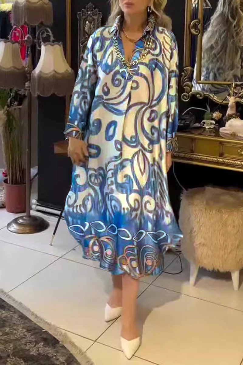 Casual Geometric Print Patchwork Turndown Collar Printed Dresses - Kaedas