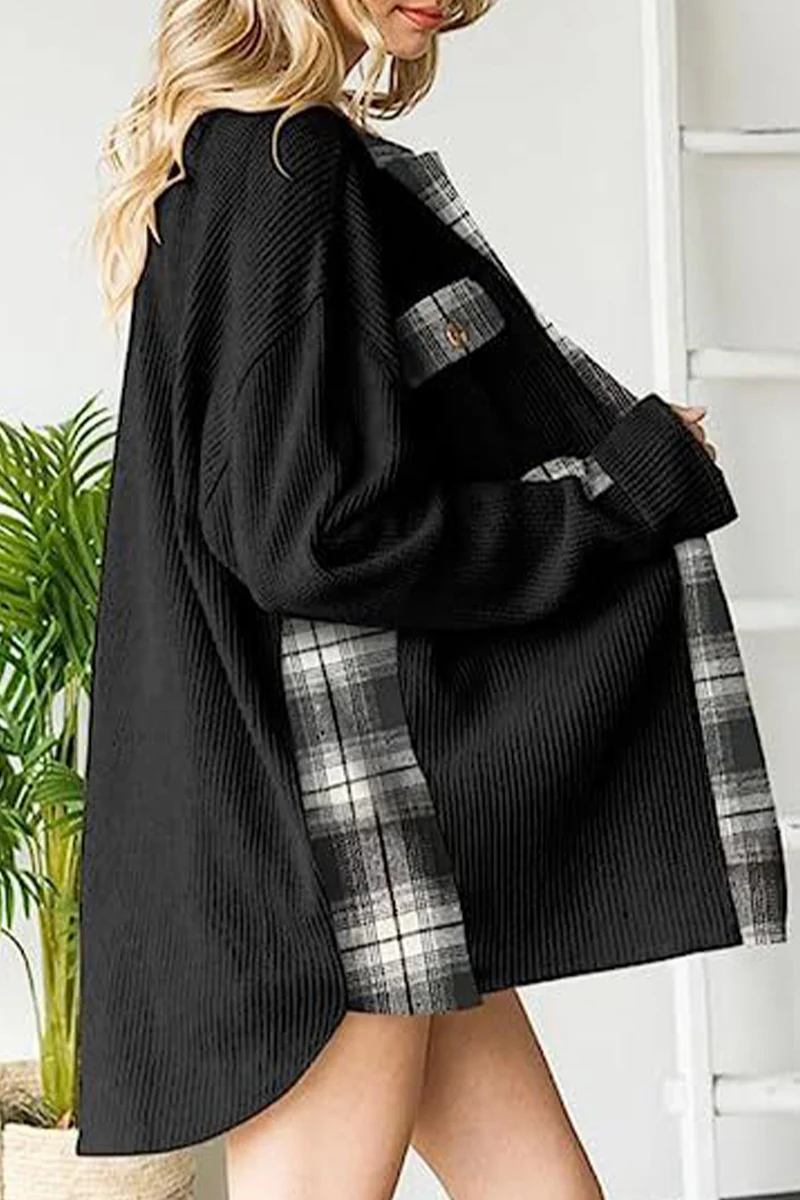 Casual Color Block Pocket Contrast Turndown Collar Tops - Kaedas