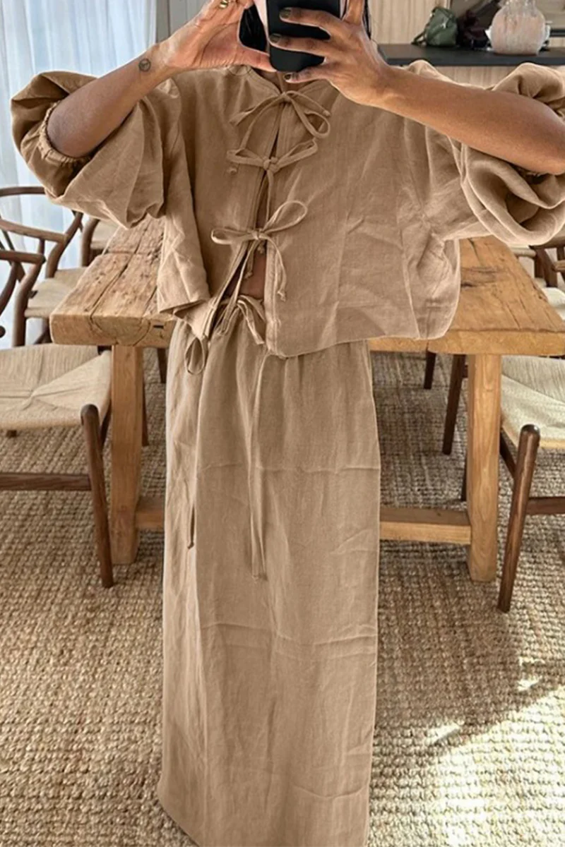 Casual Daily Solid Color Lace Up O Neck Long Sleeve Two Pieces(4 Colors) - Kaedas