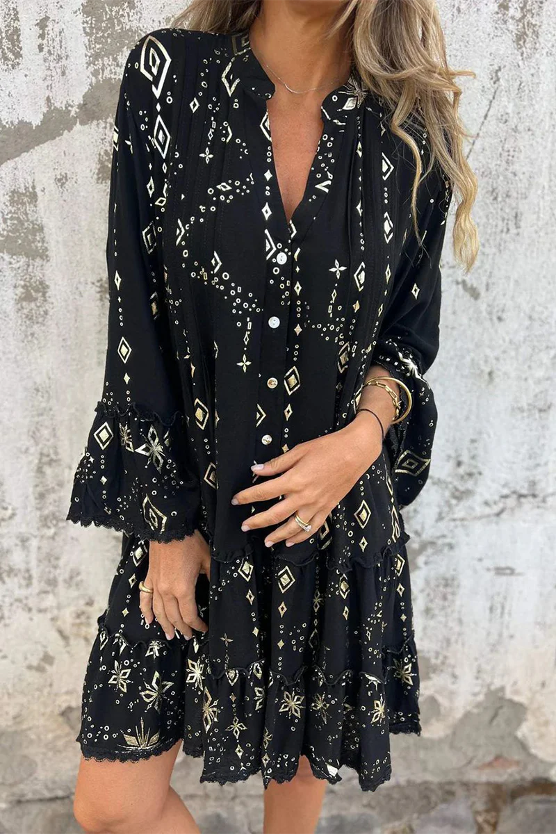 Casual Bronzing Pattern Patchwork Ruffle Contrast Button Collar A Line Dresses - Kaedas