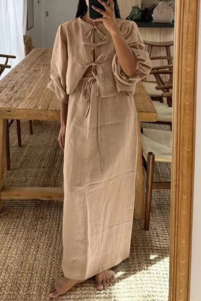 Casual Daily Solid Color Lace Up O Neck Long Sleeve Two Pieces(4 Colors) - Kaedas