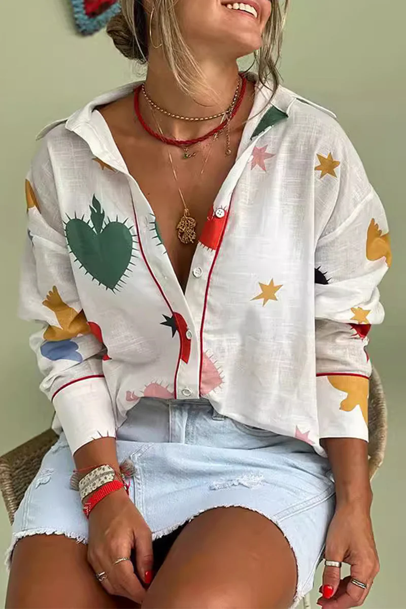 Casual Daily Graffiti Print Buttons Turndown Collar Blouses - Kaedas