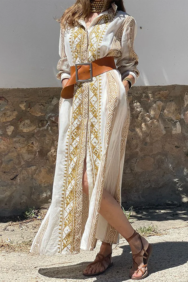 Casual Geometric Print Pocket Turndown Collar Shirt Dresses - Kaedas