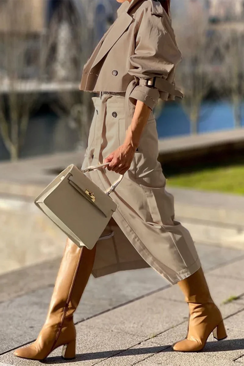 British Style Elegant Solid Pocket Buttons Turndown Collar Long Sleeve Two Pieces - Kaedas