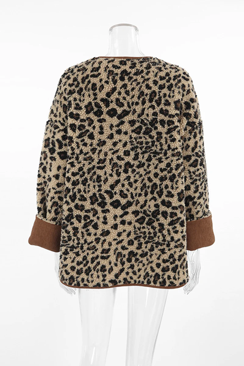 Casual Leopard Pocket Buttons Patchwork O Neck Outerwear - Kaedas