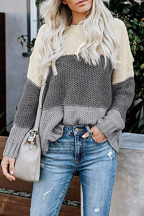 Casual Patchwork Basic  Contrast O Neck Tops Sweater - Kaedas