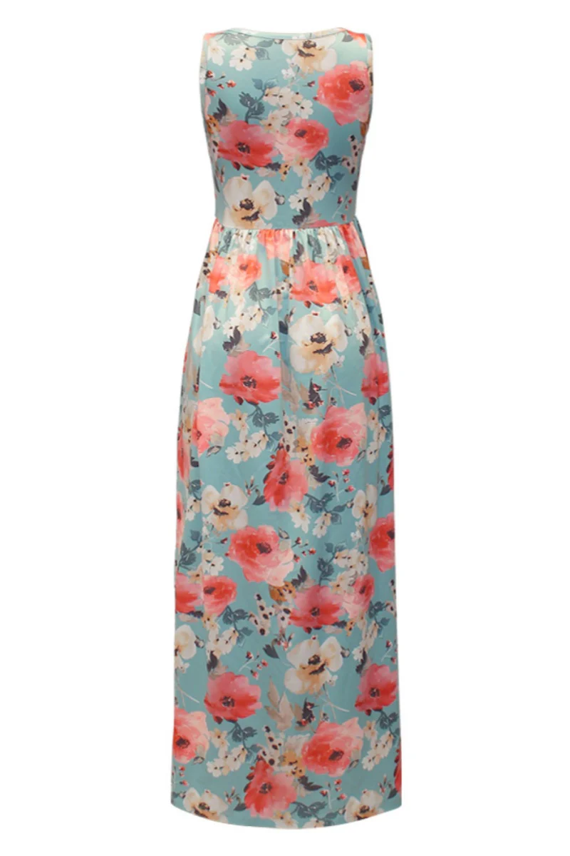 Casual Floral Print Basic O Neck Long Dresses - Kaedas