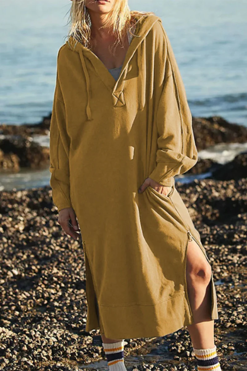 Casual Daily Pocket Slit Hooded Long Sleeve Dresses(4 Colors) - Kaedas