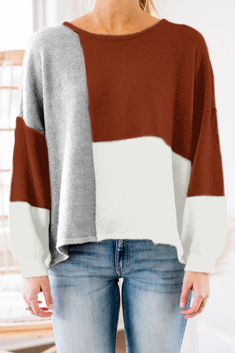 Casual Patchwork  Contrast O Neck Tops Sweater - Kaedas