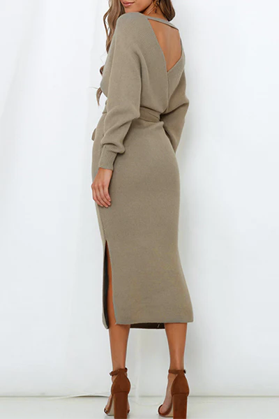 Casual Elegant Solid Backless Slit Strap Design V Neck Pencil Skirt Dresses - Kaedas
