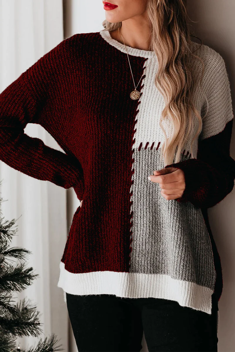 Casual Color Lump Split Joint O Neck Tops - Kaedas